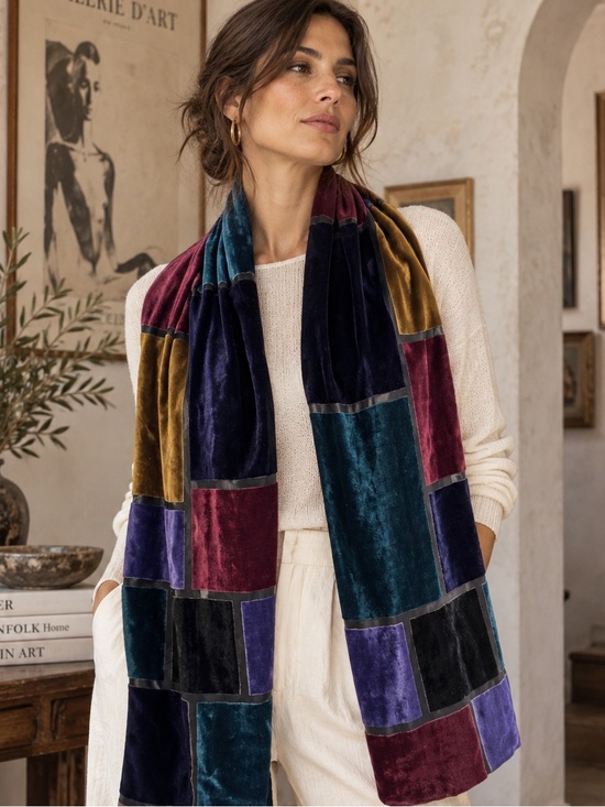 Chico's Accessories - Vintage Chico's Velvet Patchwork Scarf Multicolor Burnout Wrap Boho Lagenlook